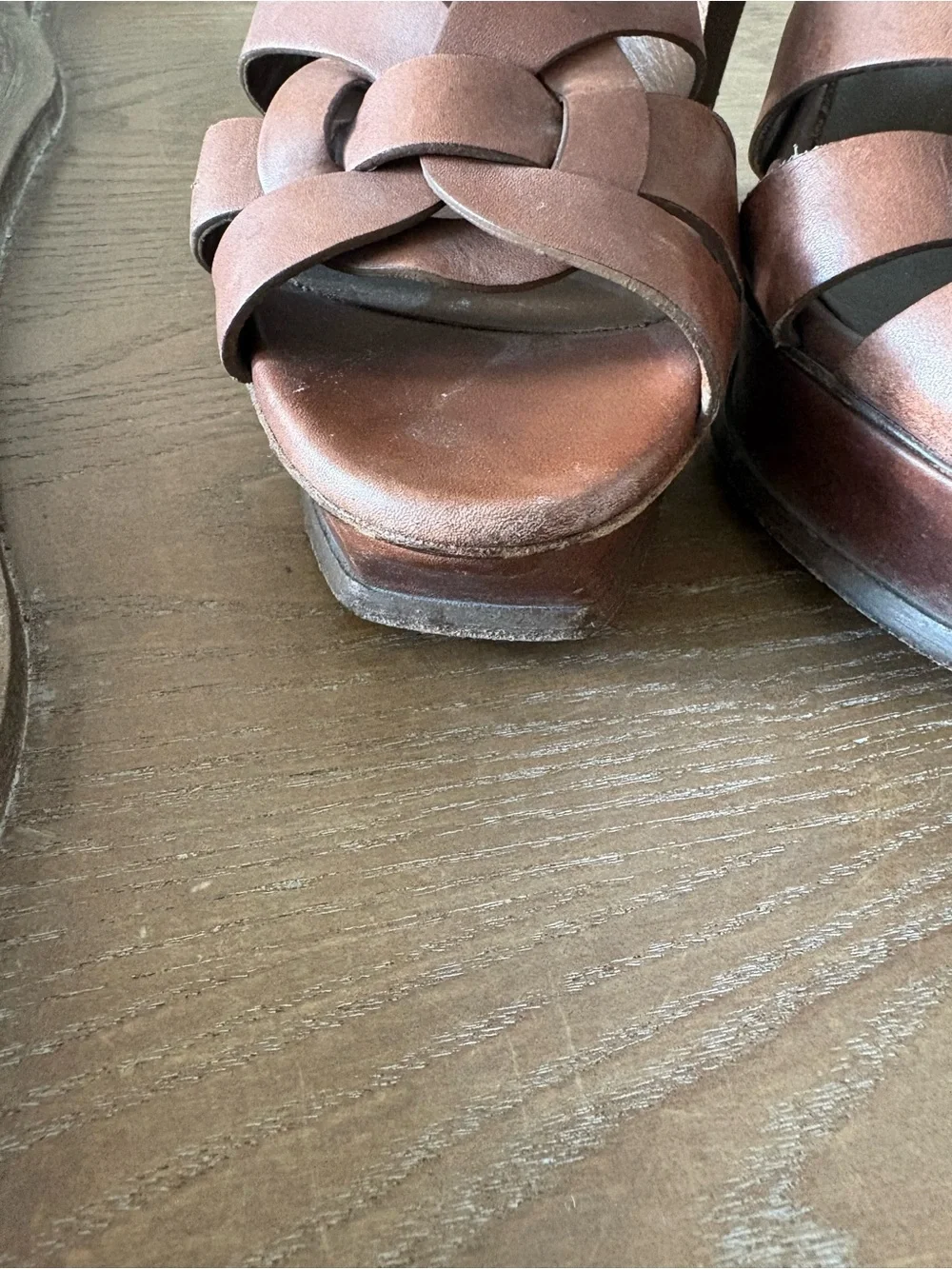 Women's Brown Leather T-Strap Woven Platform Sandals